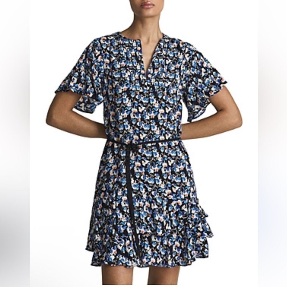 Reiss Lulu Ditsy Floral Blue Black Wedding Guest Ruffle Lined Dress Women 10